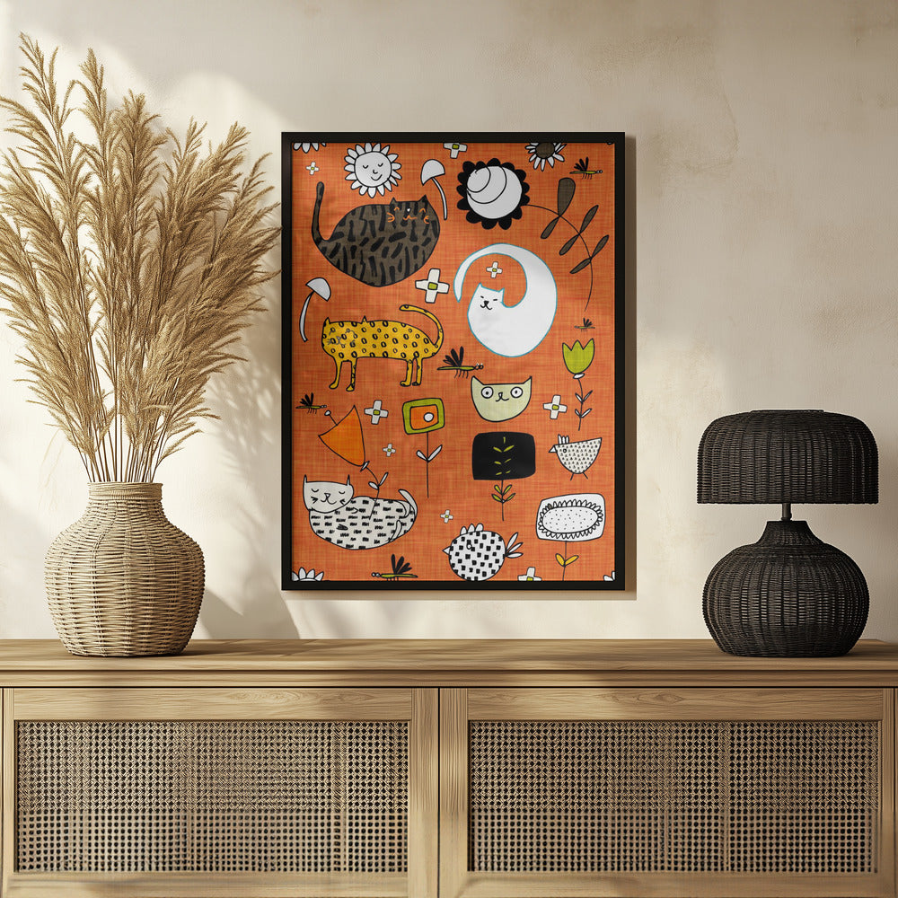 Spring Cat Orange - Cute Whimsical Cats with Flowers Poster