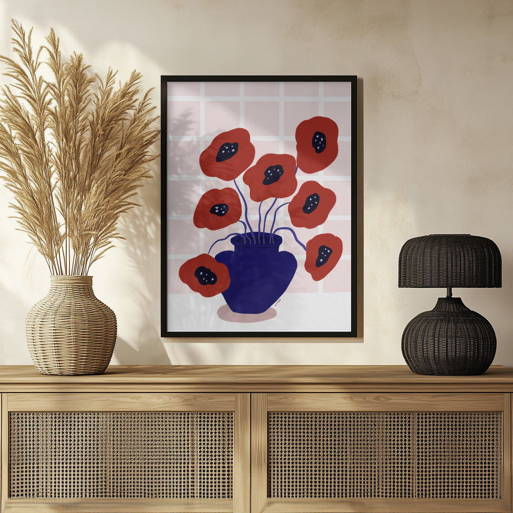 Red Poppies In a Vase Illustration Poster