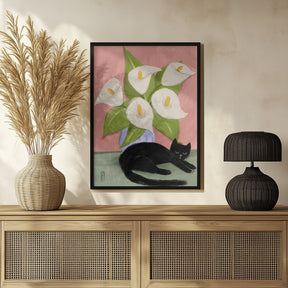 Lilies In a Vase and a Black Cat  - Still Life Illustration Poster