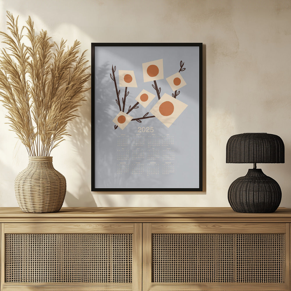 Sunburst Blossoms Grey 2025 Mid Century Calendar Poster