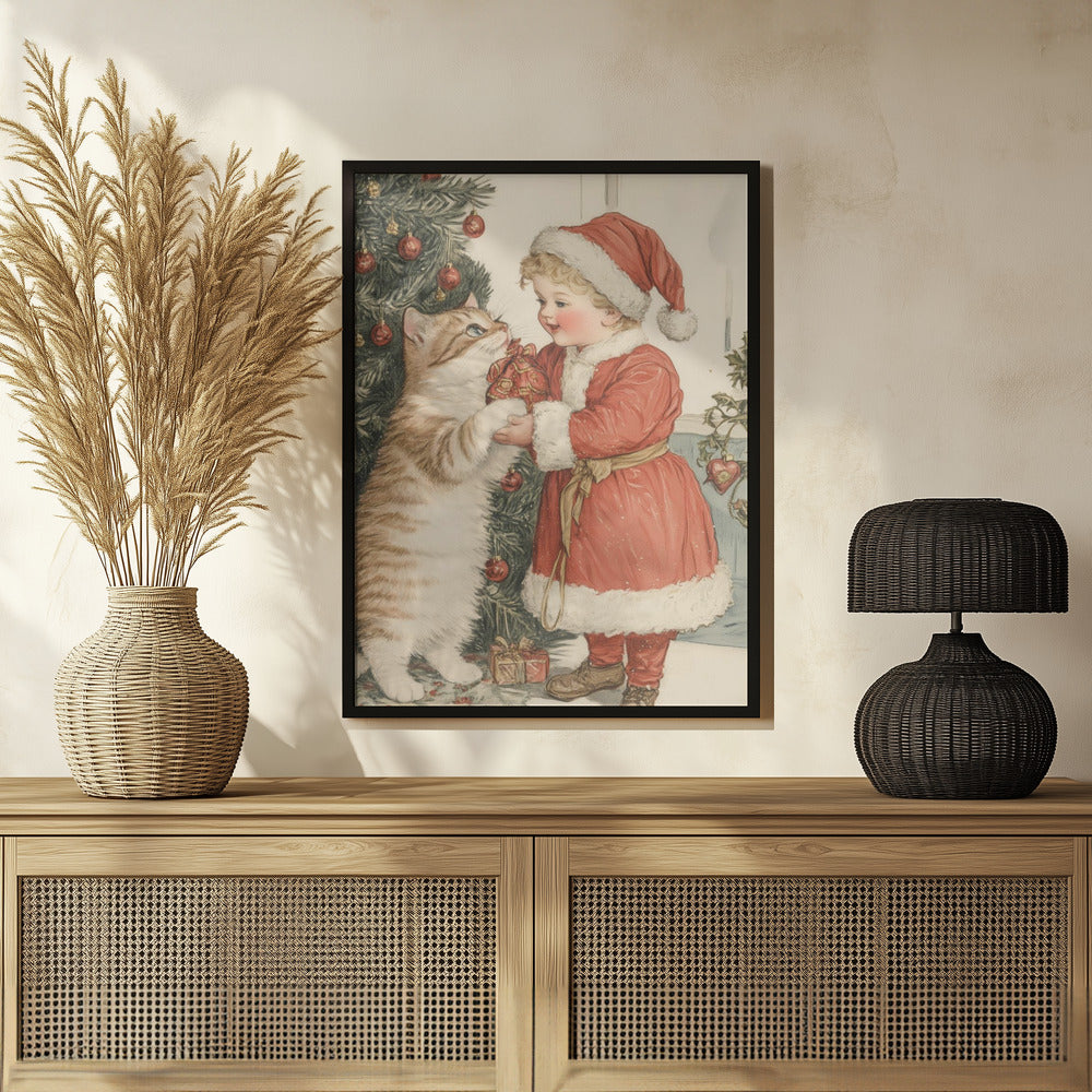 Christmas Kid and Cat Poster