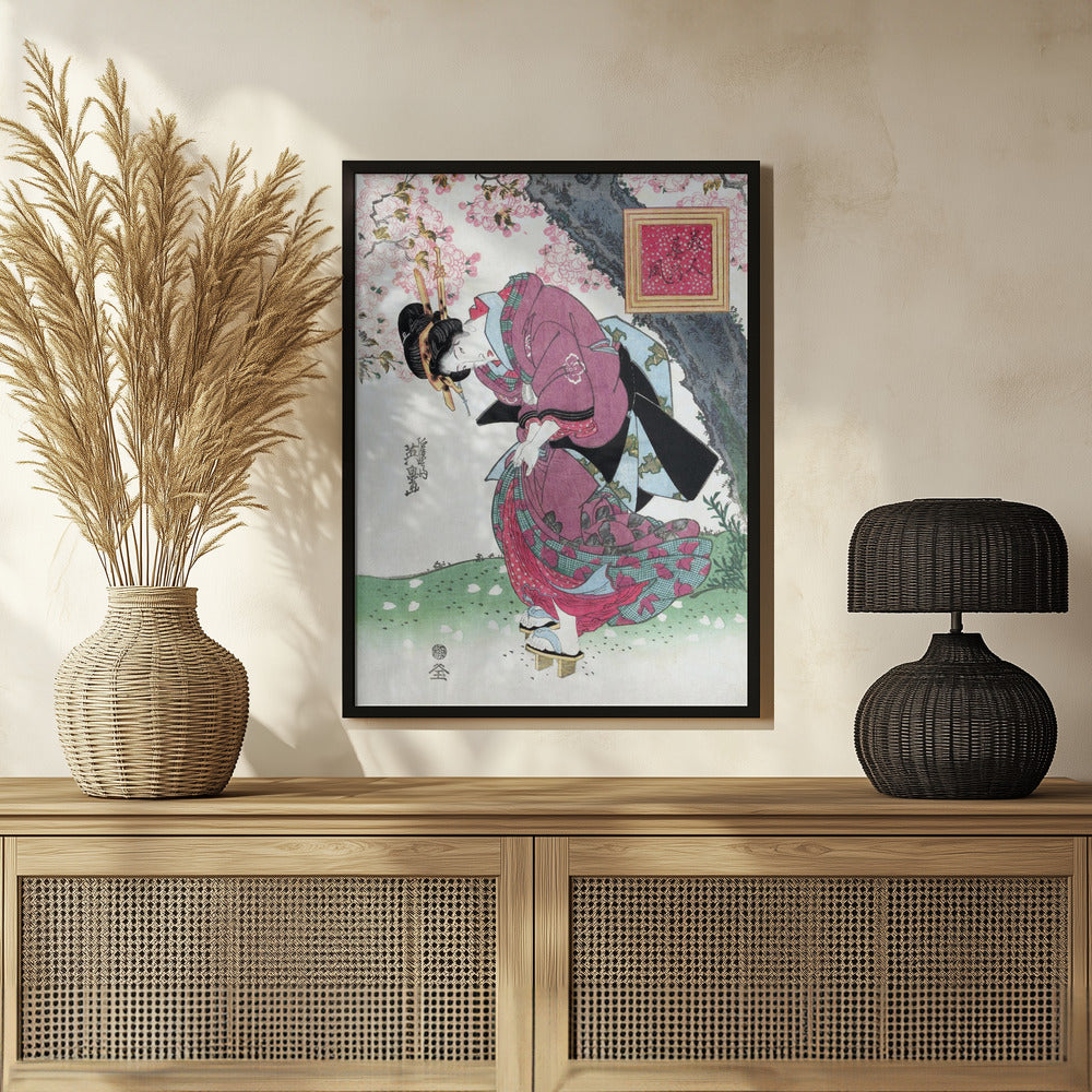 Japanese Woman and Cherry Blossom (1828) Vintage Woodblock Prints Poster