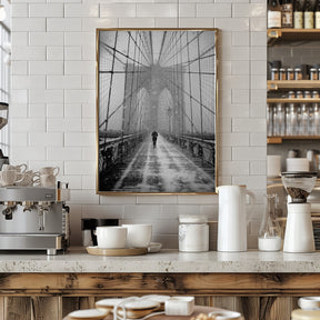 New York Walker in Blizzard - Brooklyn Bridge Poster