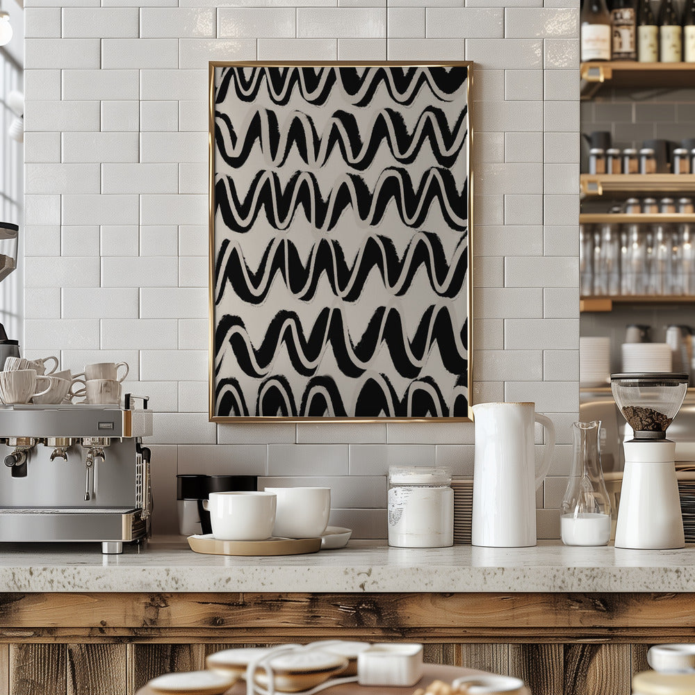 Beige Black Waves Pattern Poster