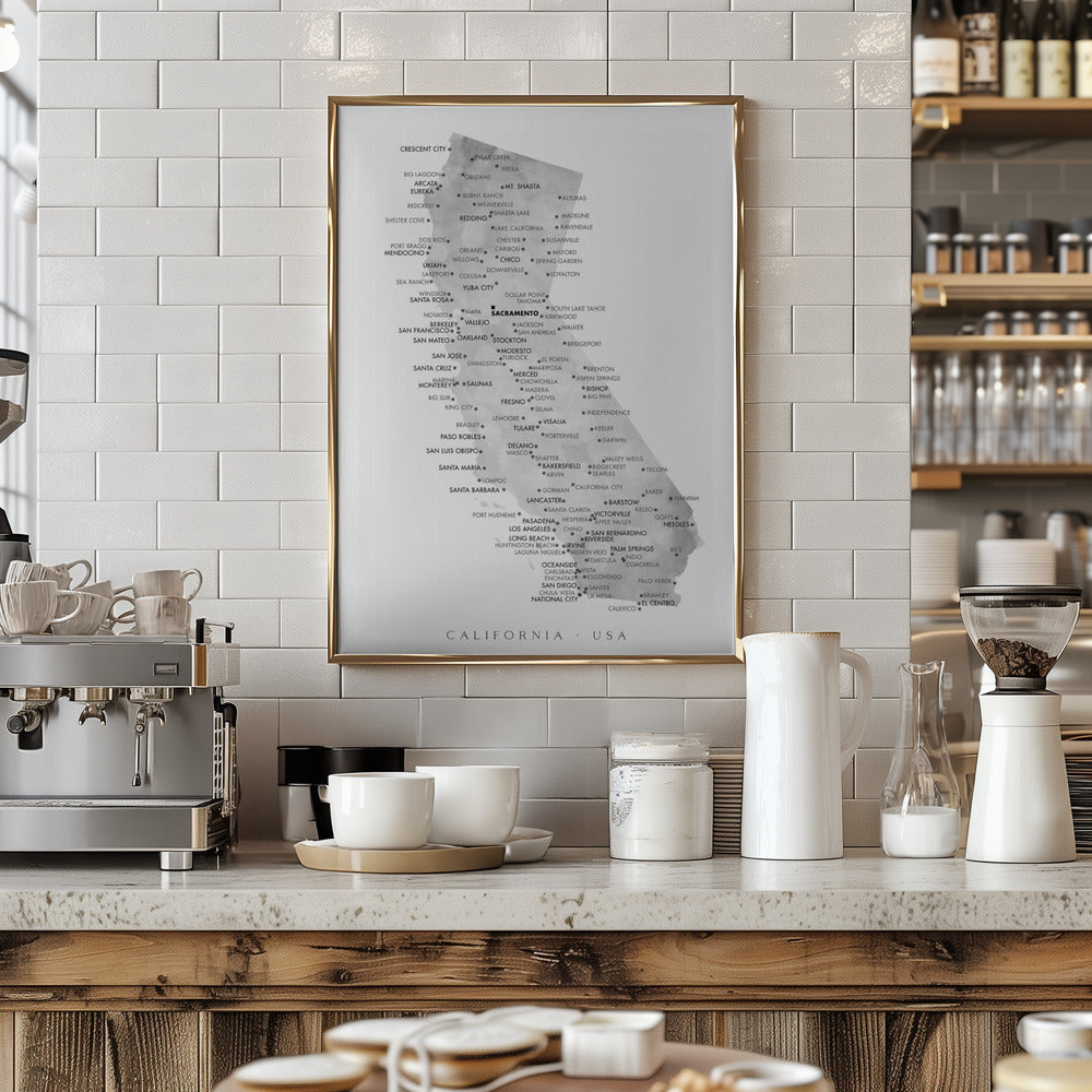 Grayscale watercolor map of California with cities Poster