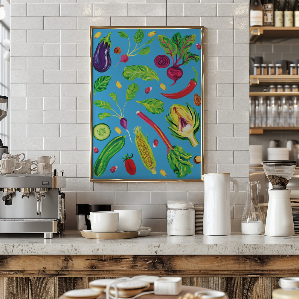 Spring Vegetables Blue Poster