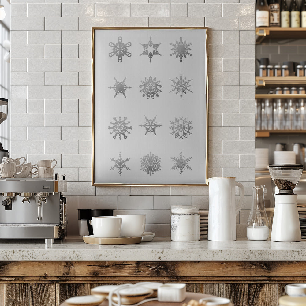 Twelve geometric snowflakes in gray Poster