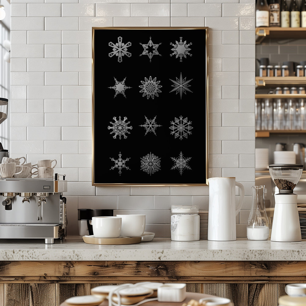 Twelve geometric snowflakes in black Poster