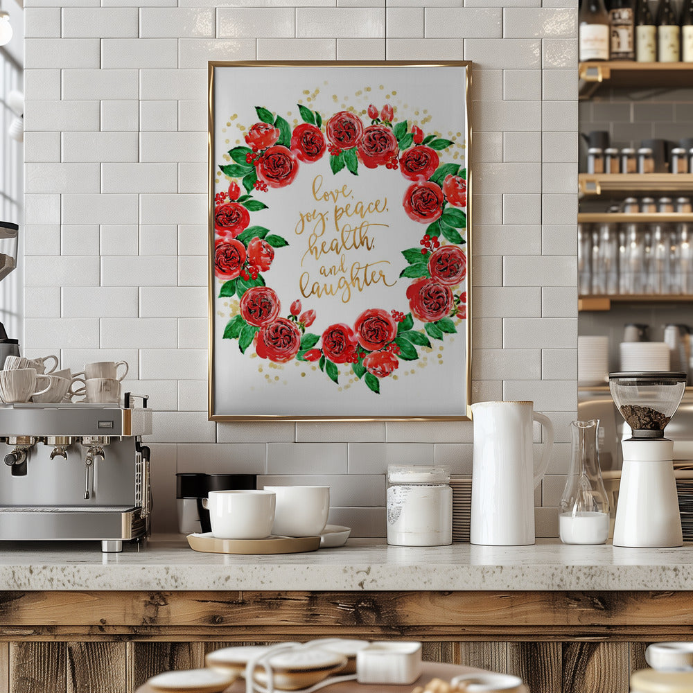 Holiday wishes wreath of red English roses Poster