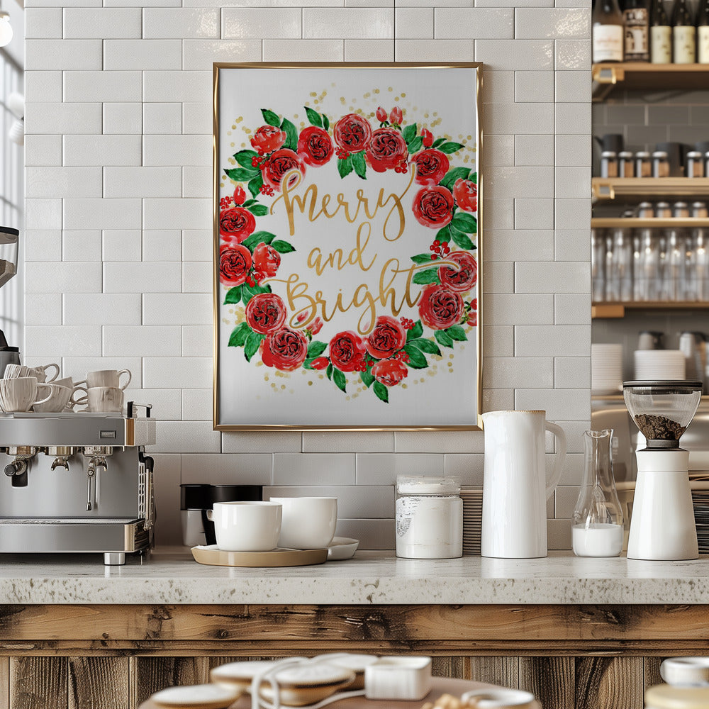 Merry and bright wreath of red English roses Poster