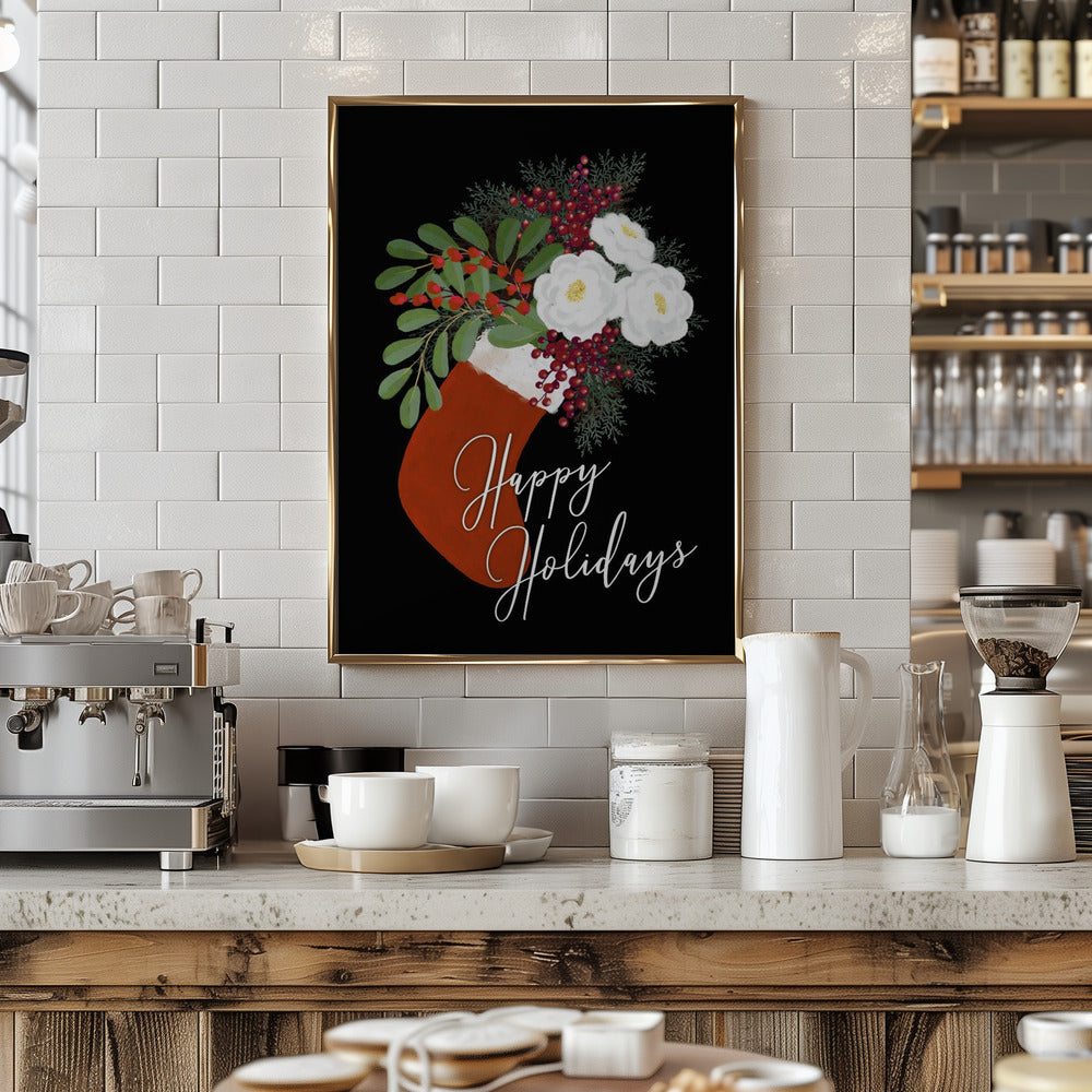 Floral Stocking Happy holidays in black Poster