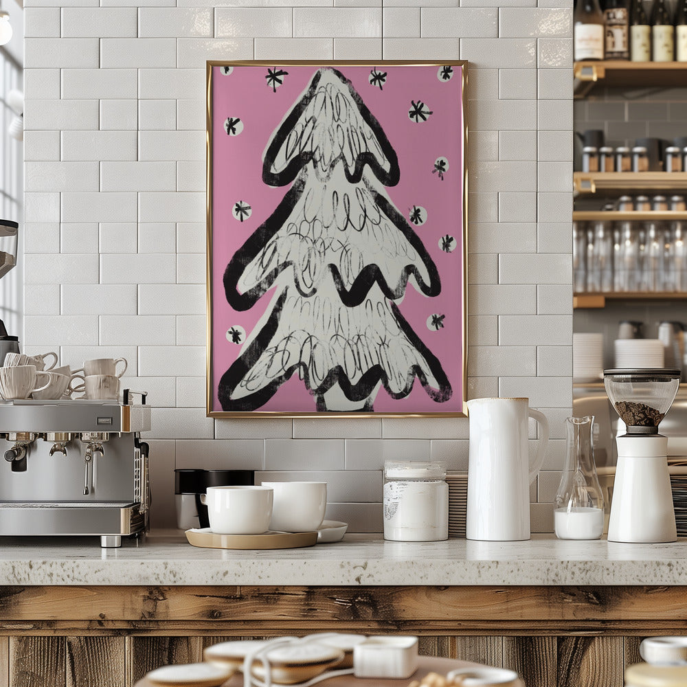 Christmas Tree And Snow Pink Poster