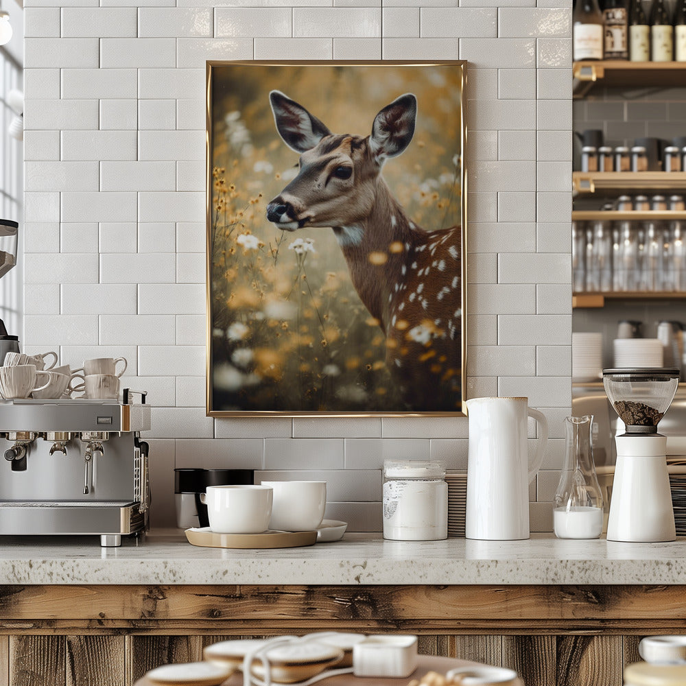 Deer In Flower Field Poster