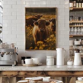 Highland Cows In Flower Field No 2 Poster