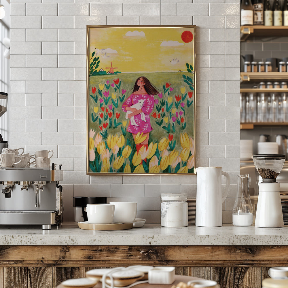 Woman in spring tulip field Poster