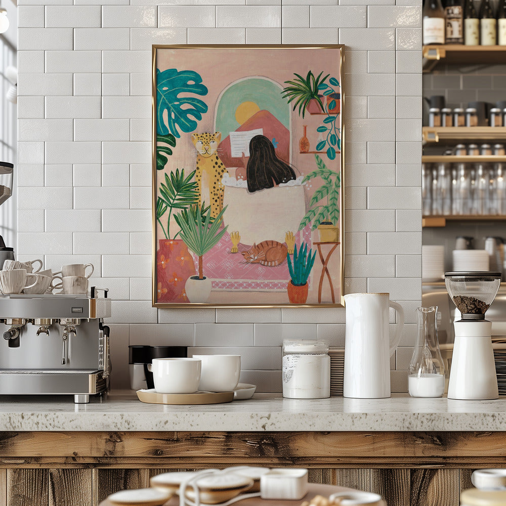 Woman taking bath in pink tropical bathroom Poster