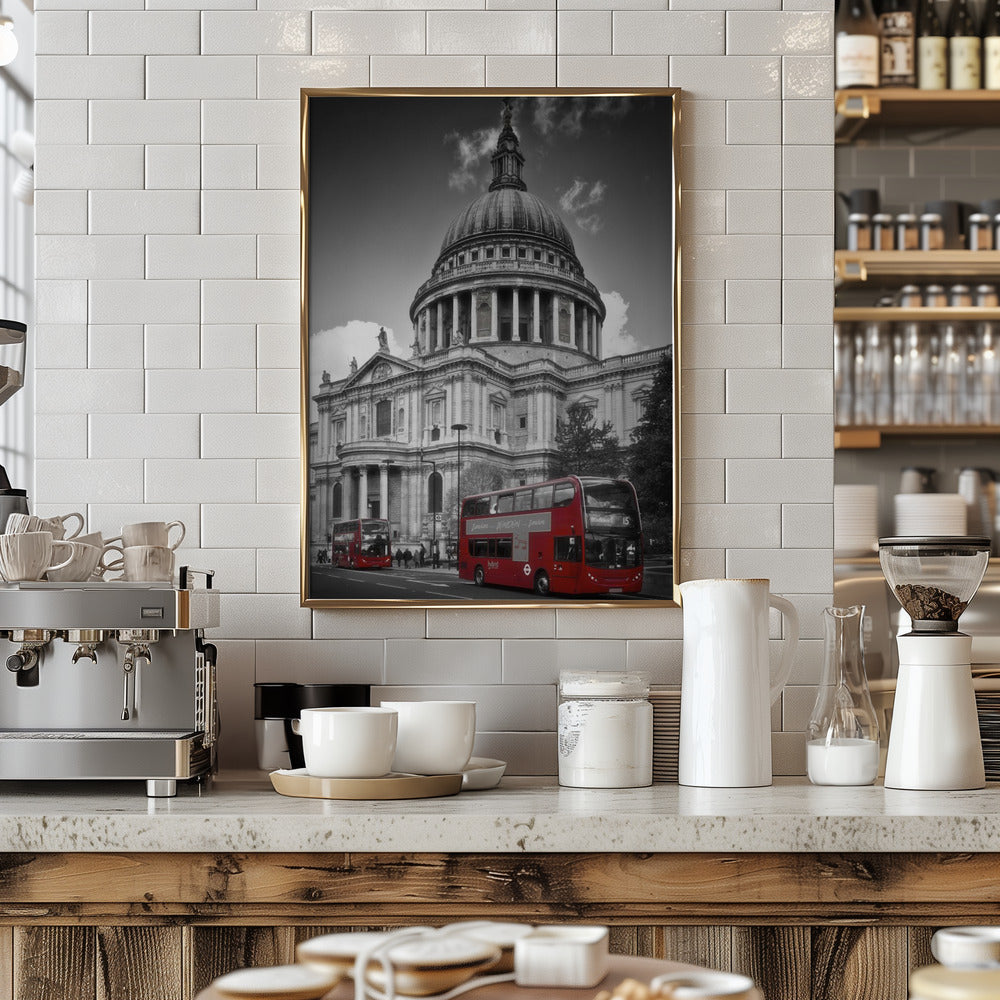 LONDON St. Paul’s Cathedral &amp; Red Bus Poster