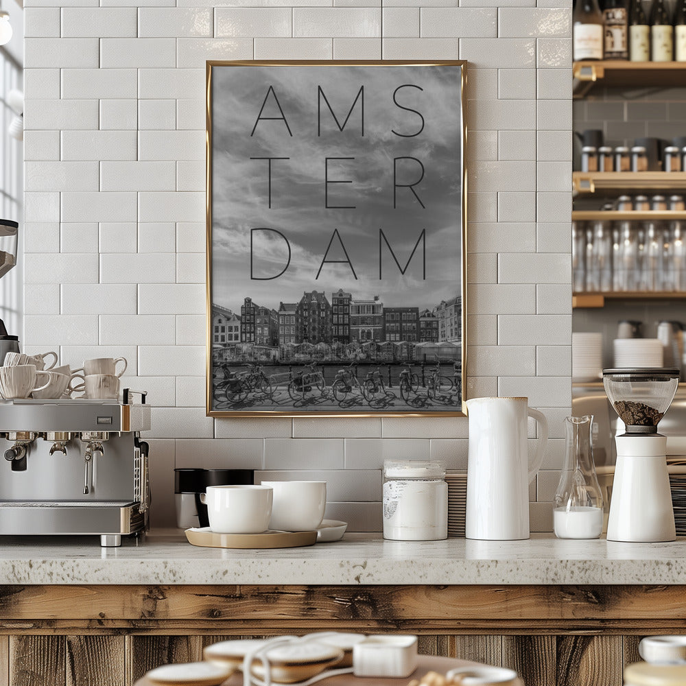 AMSTERDAM Singel Canal with Flower Market | Text &amp; Skyline Poster