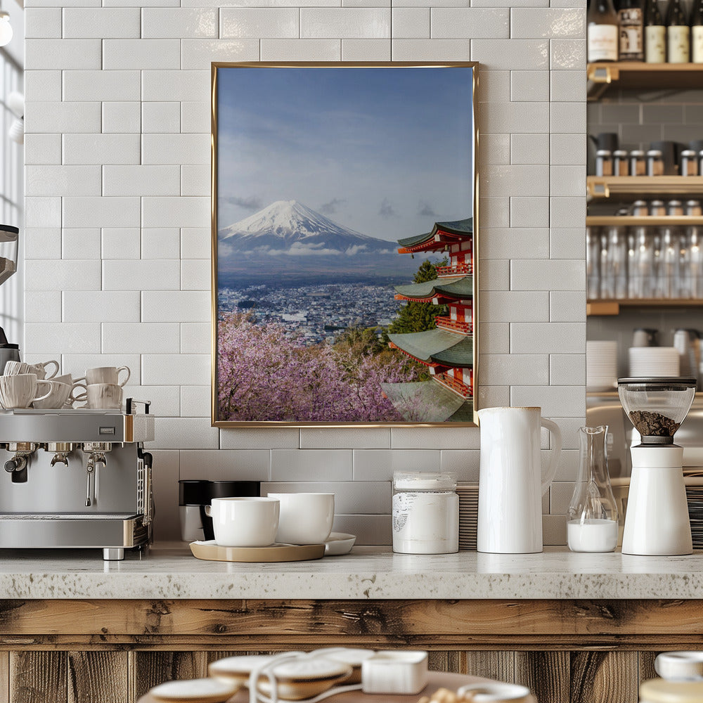 Unique view of Mount Fuji with Chureito Pagoda during cherry blossom season Poster