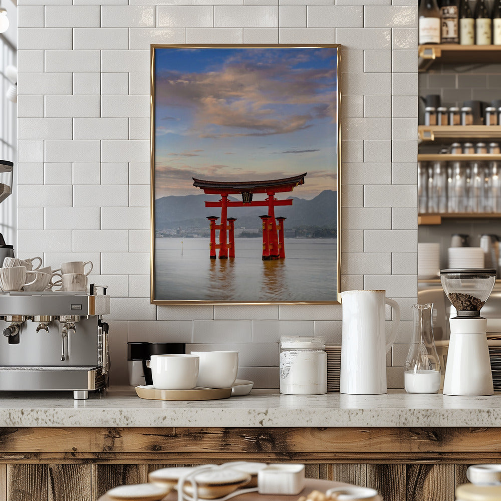 Vermilion Torii of Itsukushima Shrine on Miyajima in the evening Poster