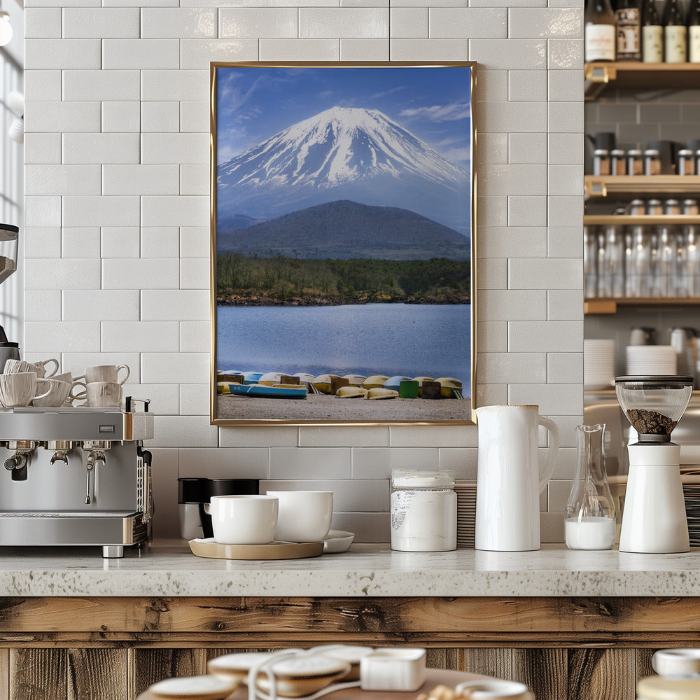 Picturesque Lake Shoji with striking Mount Fuji Poster