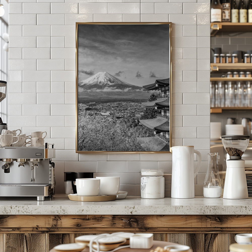 Unique view of Mount Fuji with Chureito Pagoda during cherry blossom season - monochrome Poster