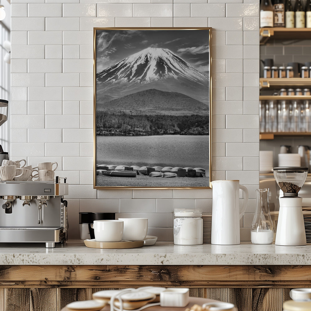 Picturesque Lake Shoji with striking Mount Fuji - monochrome Poster