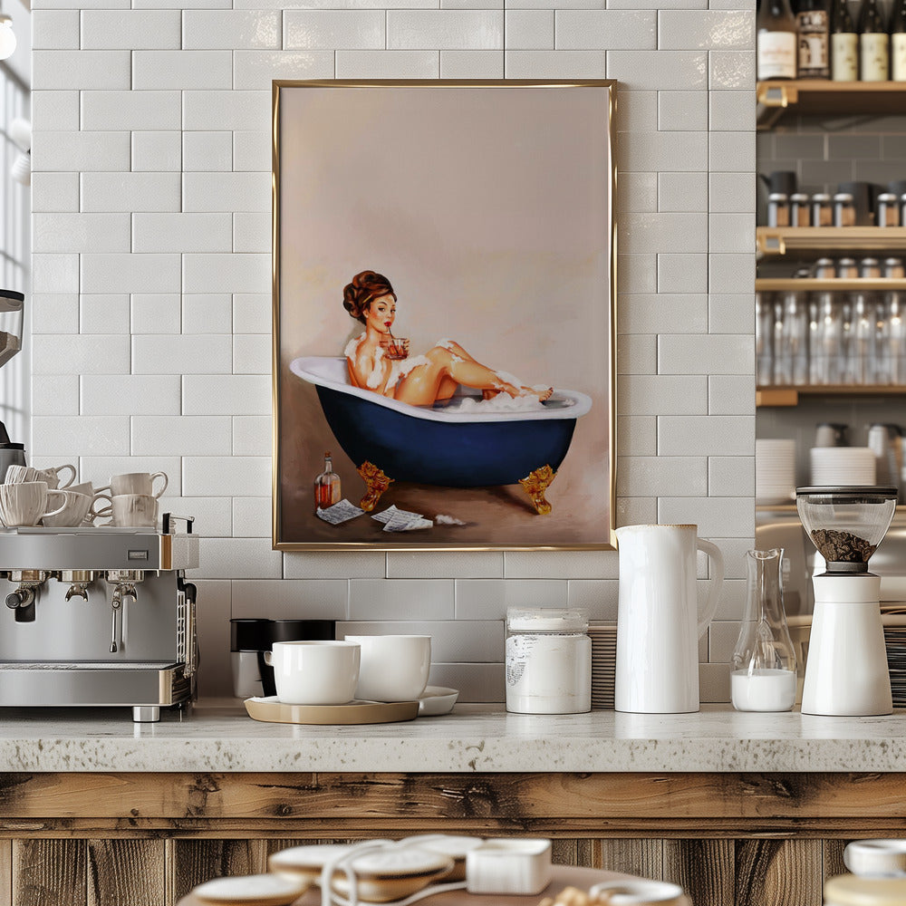 Bathtub Drinks: Pinup Girl Drinking In Bathroom Poster