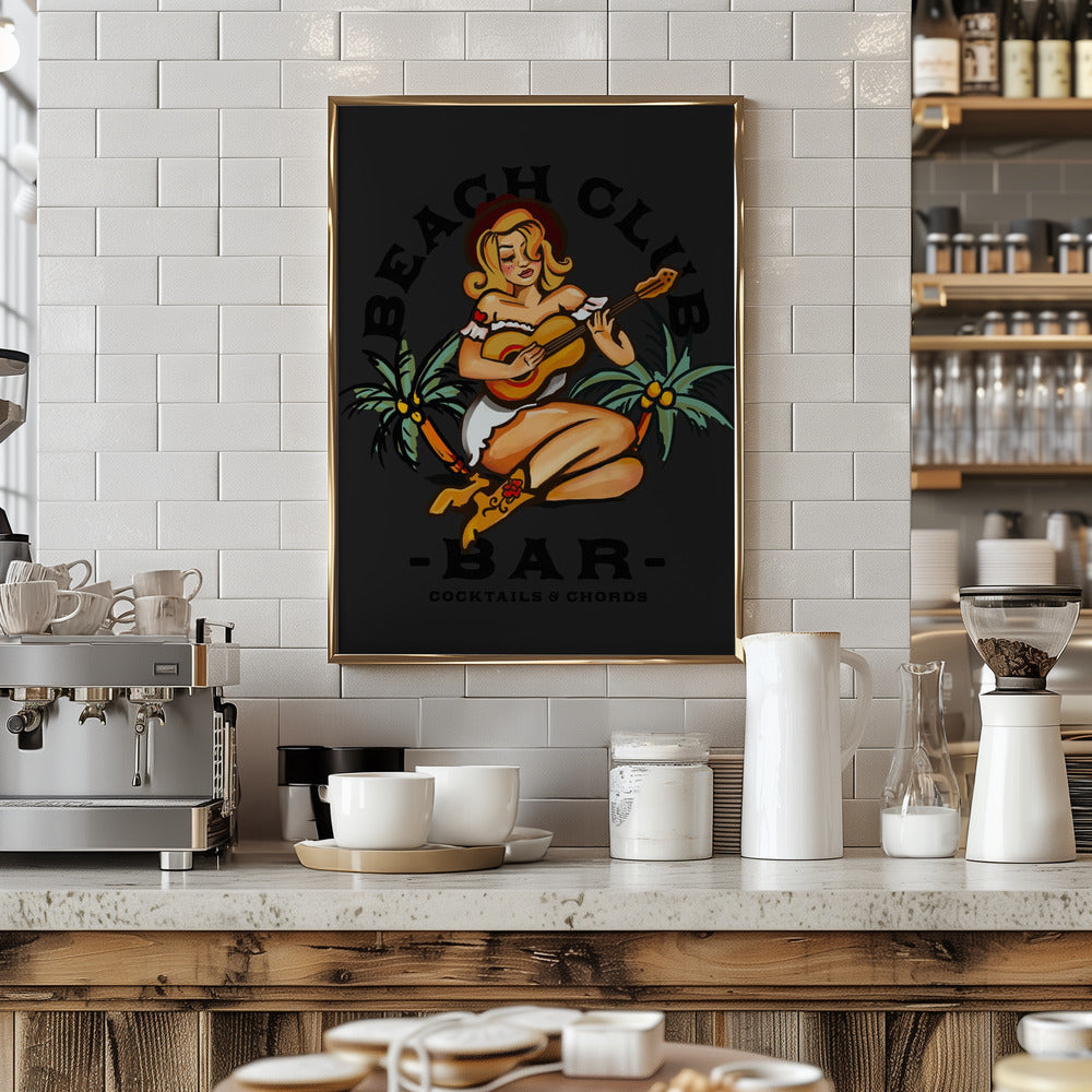 Beach Club Bar. Sailor Jerry Style Pin-up Girl Playing Guitar Poster