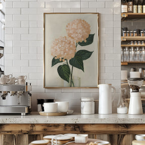 Coral hydrangeas in a vase Poster