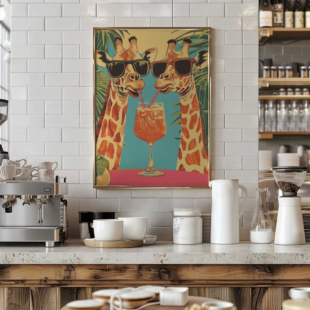 Giraffes Sharing a Drink Poster