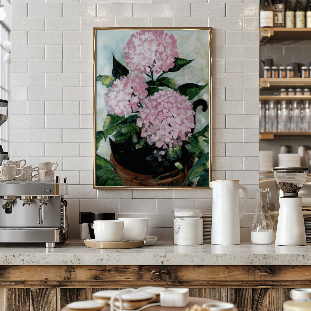 Potted pink hydrangeas Poster