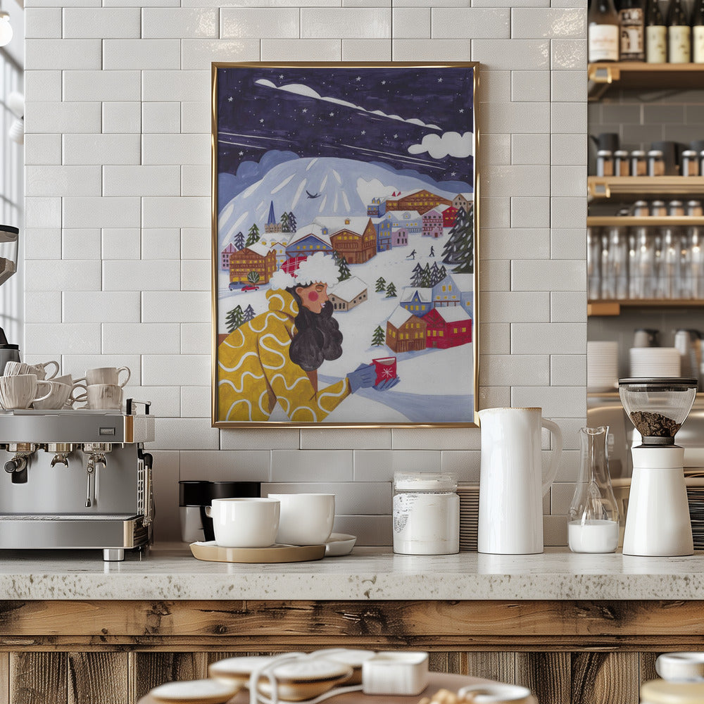 Winter Scene woman with coffee Poster