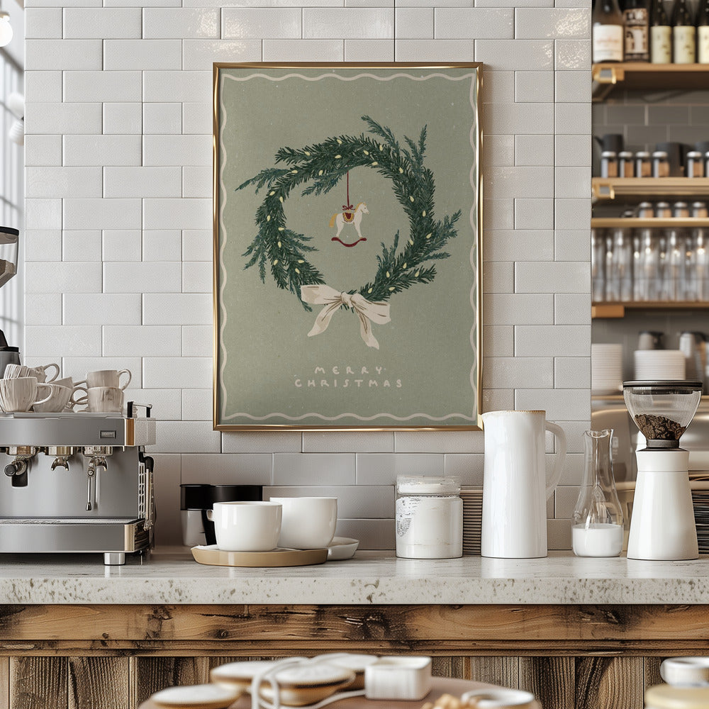 Horses toy on Christmas wreath with bow Poster