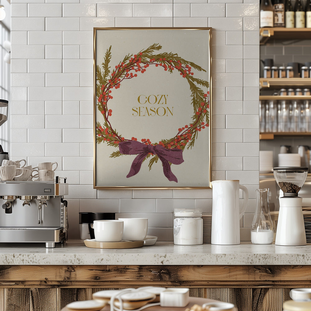 Cozy Season. Christmas wreath with bow Poster