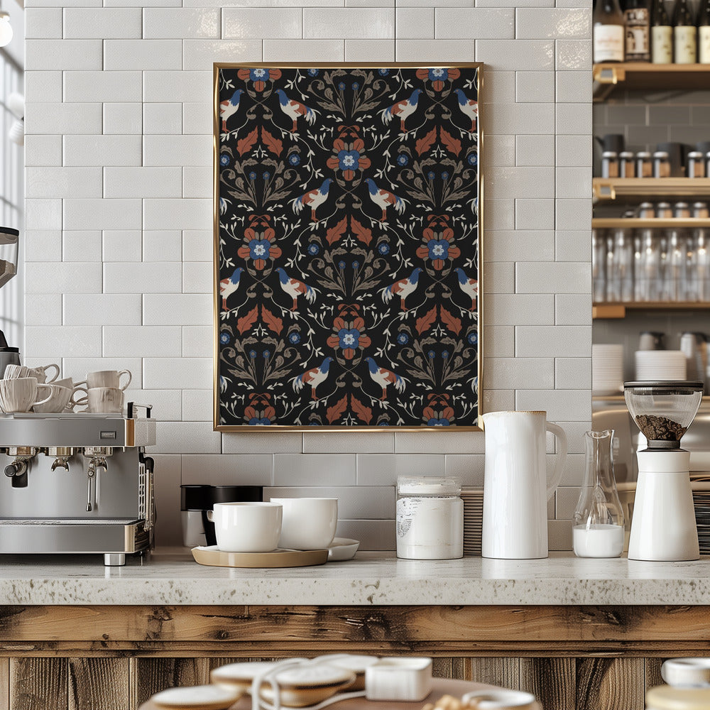 Roosters Beige Pattern Poster