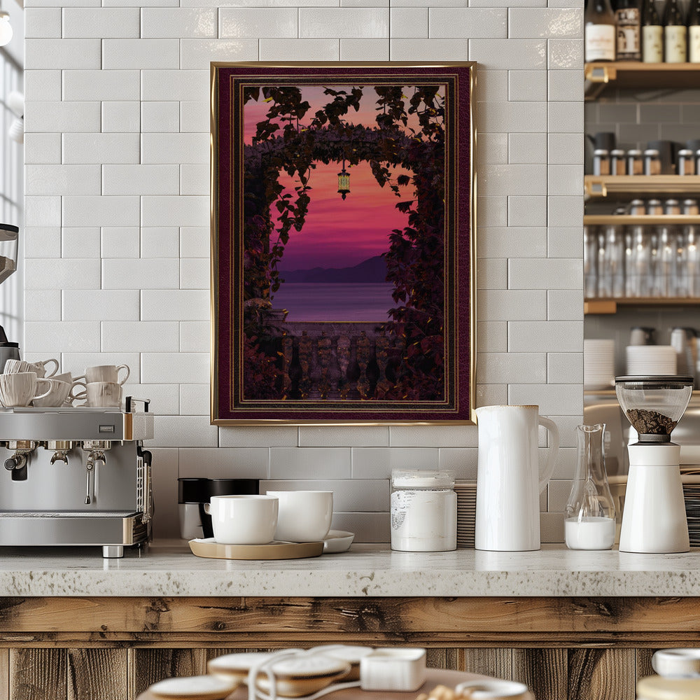 Sunset view with ornate &amp; gold burgundy frame Poster