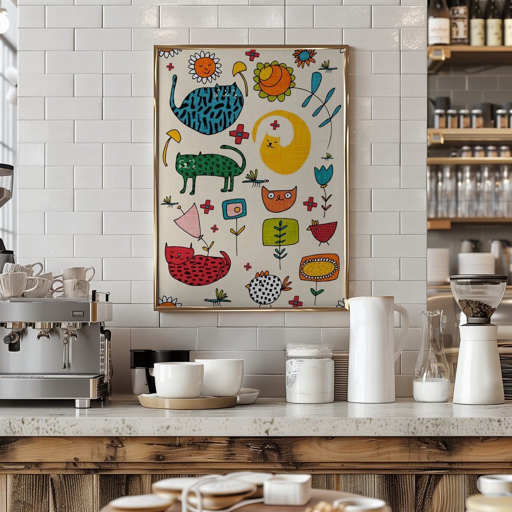 Spring Cat Beige - Cute Whimsical Cats with Flowers Poster