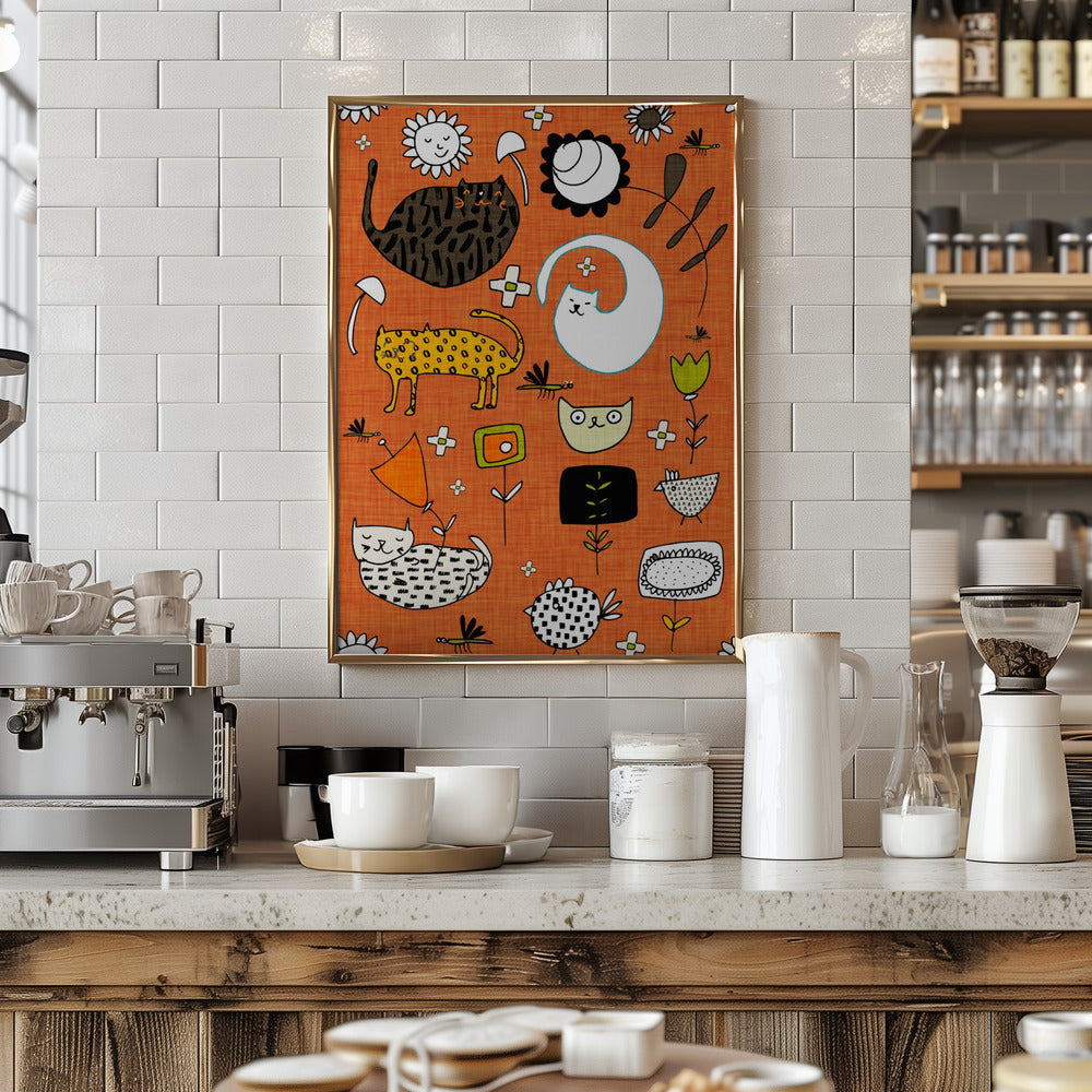 Spring Cat Orange - Cute Whimsical Cats with Flowers Poster