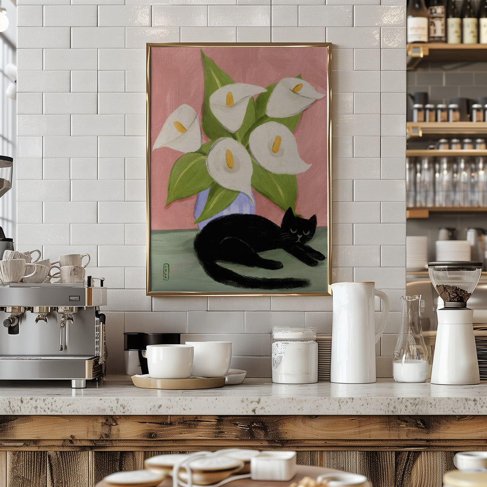 Lilies In a Vase and a Black Cat  - Still Life Illustration Poster