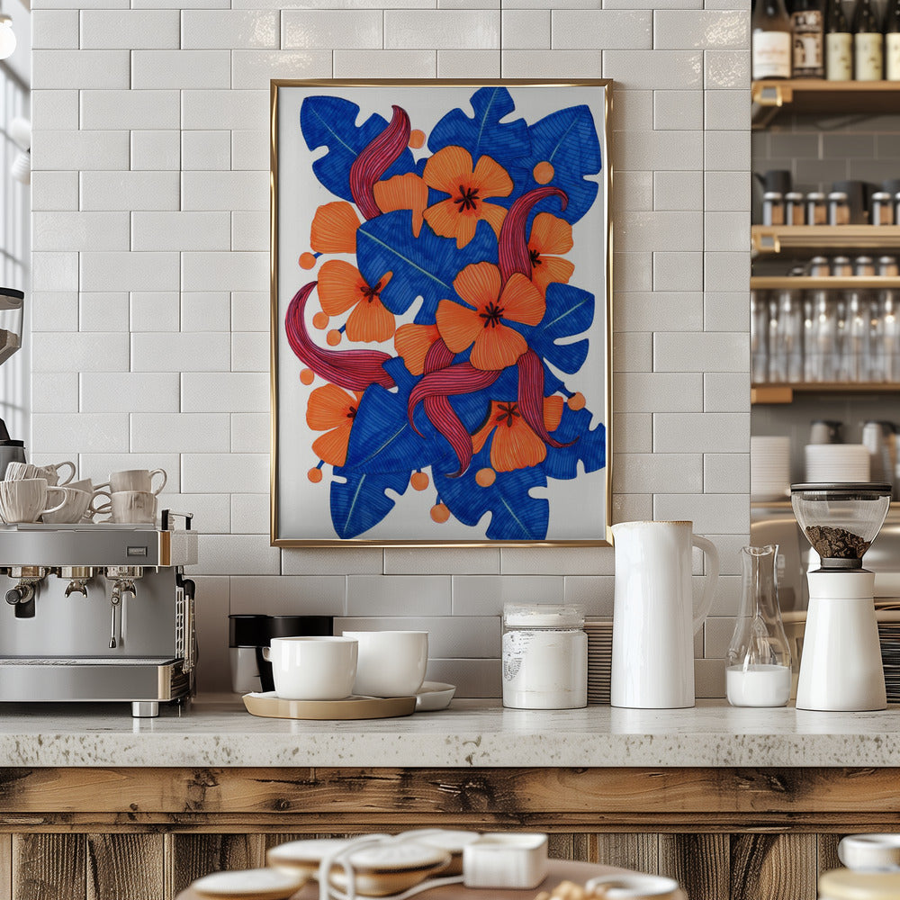 Hawaiian Orange and Blue Florals Poster