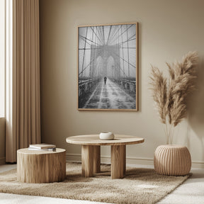 New York Walker in Blizzard - Brooklyn Bridge Poster