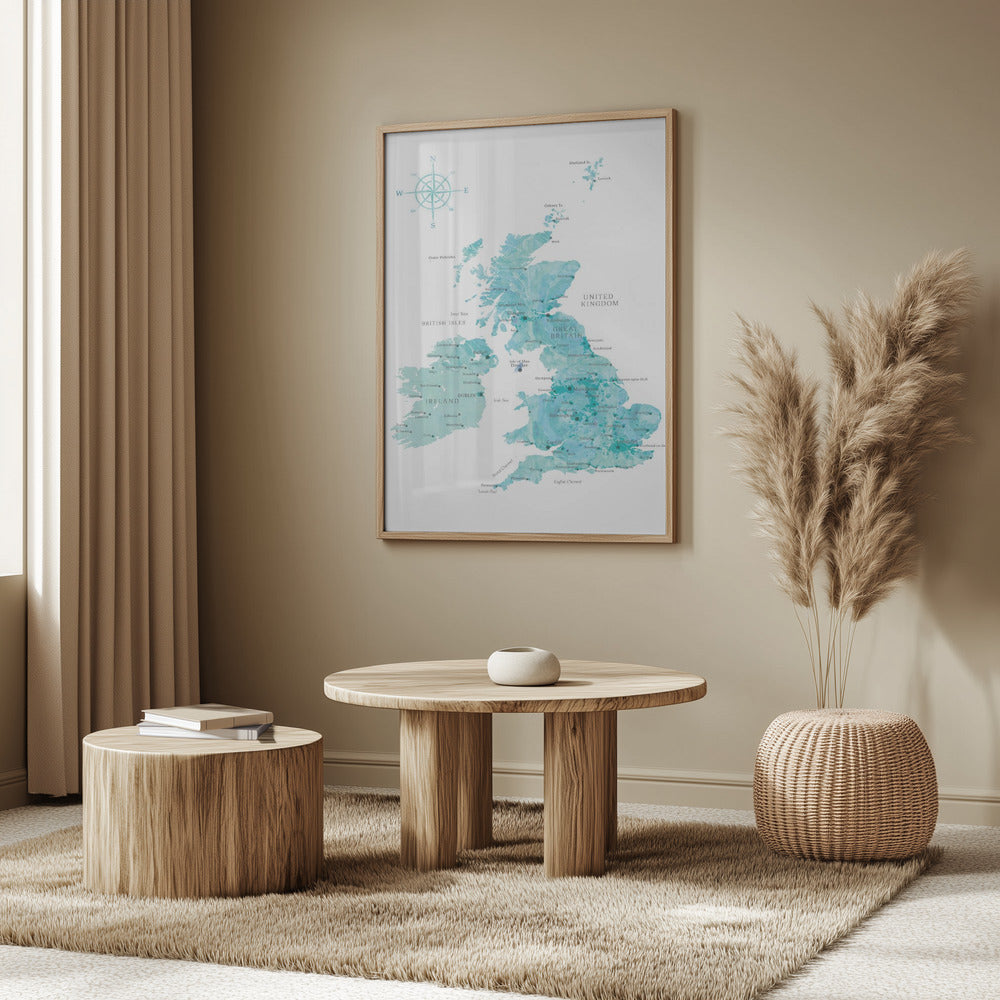 Aquamarine watercolor map of the United Kingdom Poster
