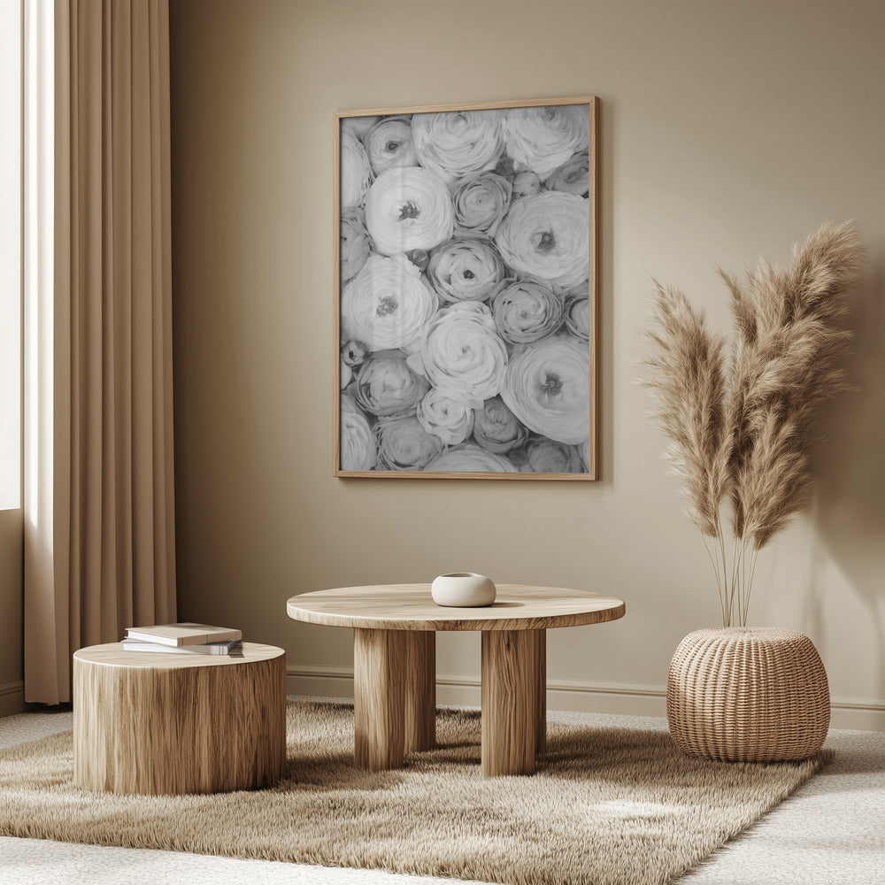 Scattered ranunculus grayscale I Poster