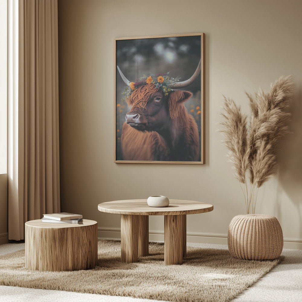 Highland Cow With Flowers Poster