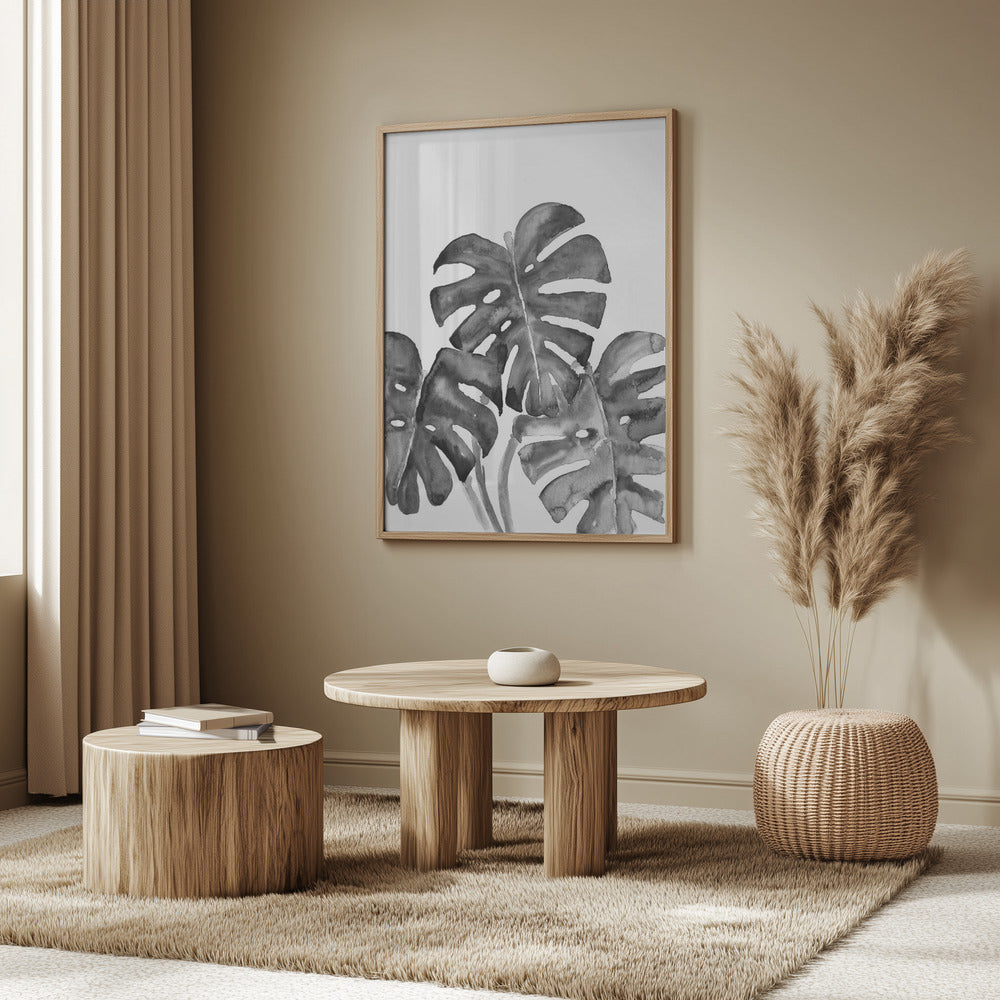 Monstera Leaves In Loose Watercolor Black and White Poster