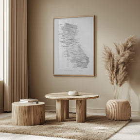 Grayscale watercolor map of California with cities Poster