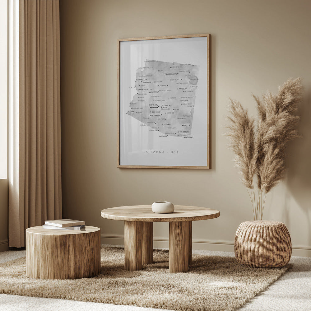 Grayscale watercolor map of Arizona, USA Poster