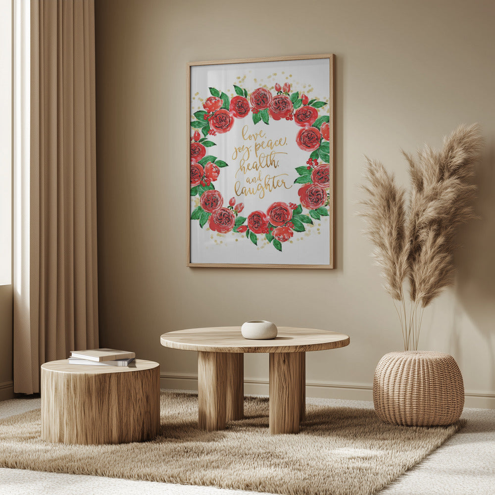 Holiday wishes wreath of red English roses Poster