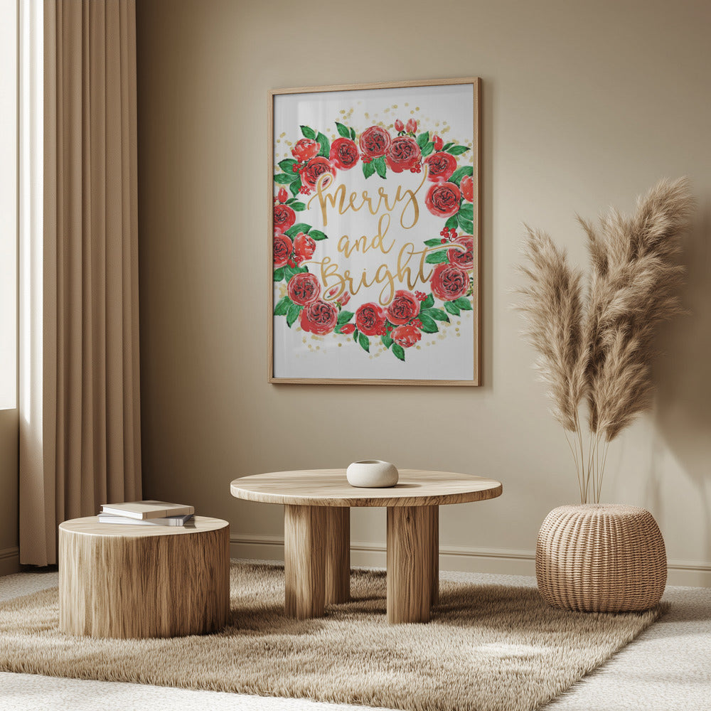 Merry and bright wreath of red English roses Poster